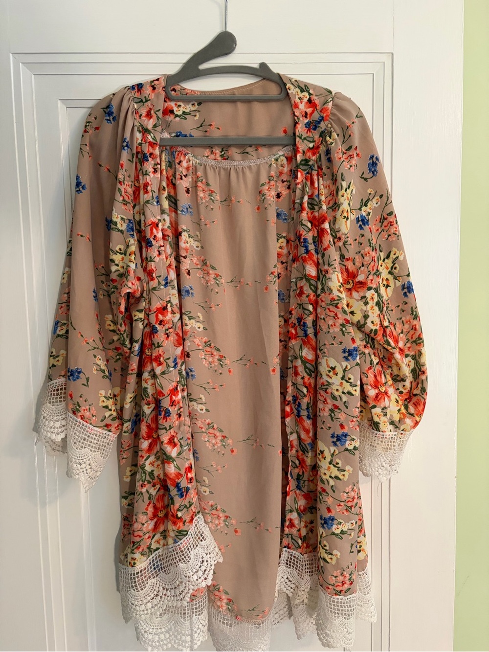 Floral Lace-Trim Kimono Cardigan - Beige with Red & Blue Flowers